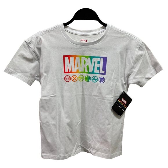 Disney Marvel Rainbow Pride Collection Kid Size M (7/8) White Graphic Tee NWT - Picture 1 of 7